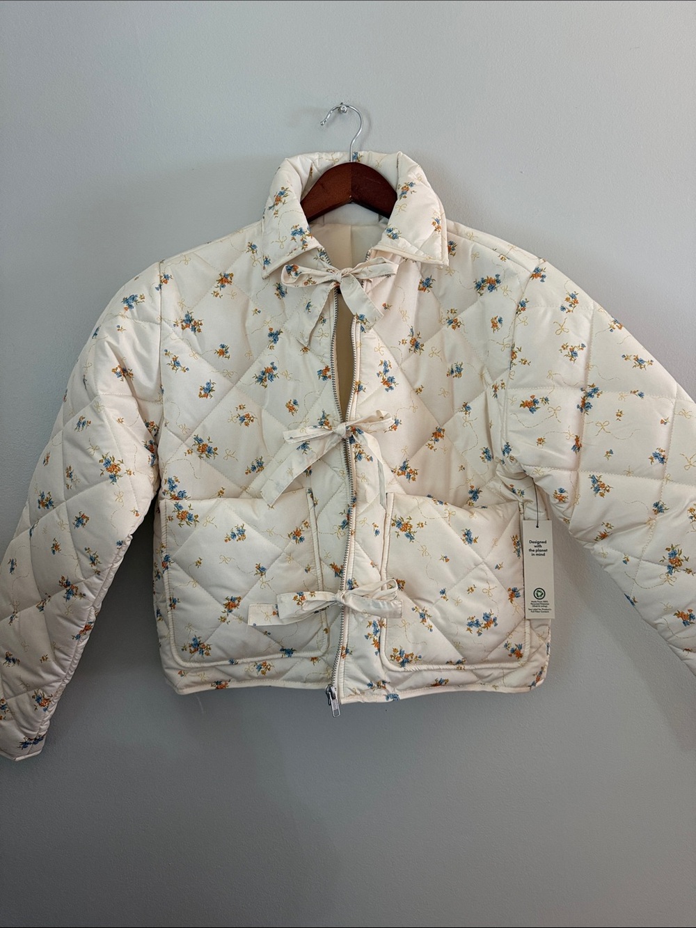 No Boundaries Cream Quilted Floral Tie-Front Jacket with Blue and Yellow Accents